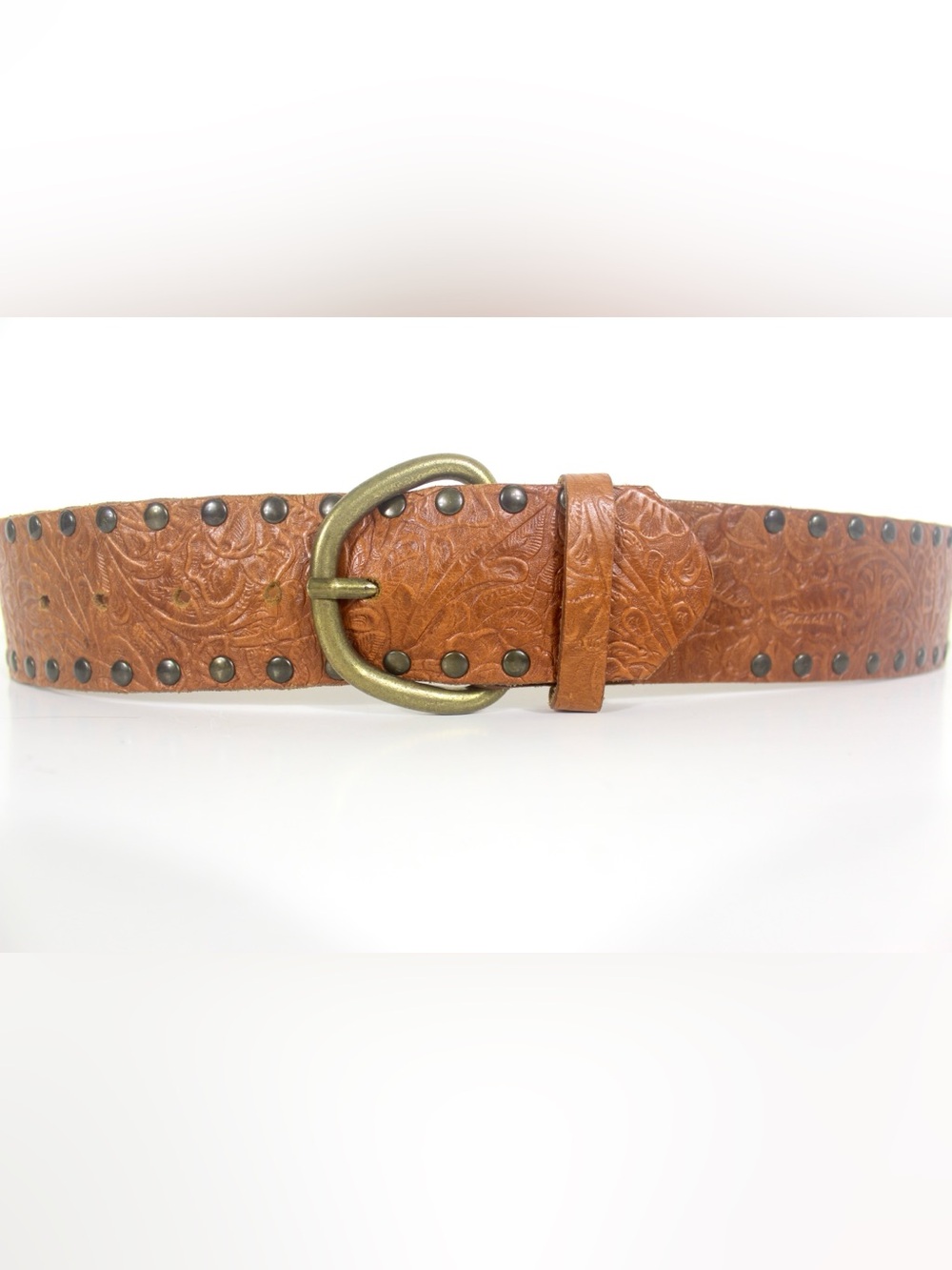 29”-33” Vintage Wide Tooled Studded Tan Leather Belt Brass Buckle